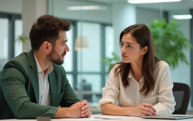 Two colleagues engaged in a constructive discussion, symbolizing effective employee relations management.